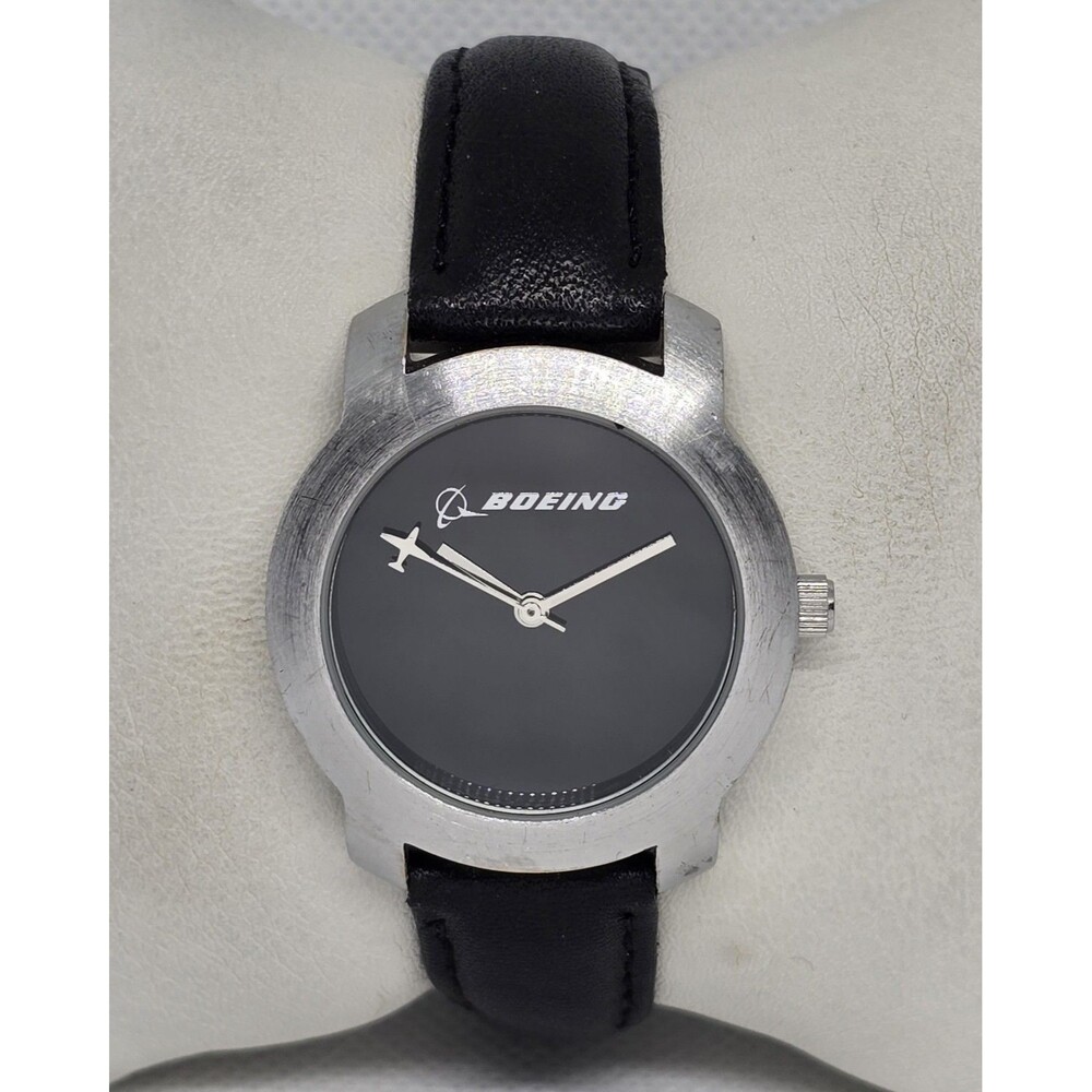 Women's Boeing Trendy Round Airplane Seconds Silver Tone Black Leather Watch 13